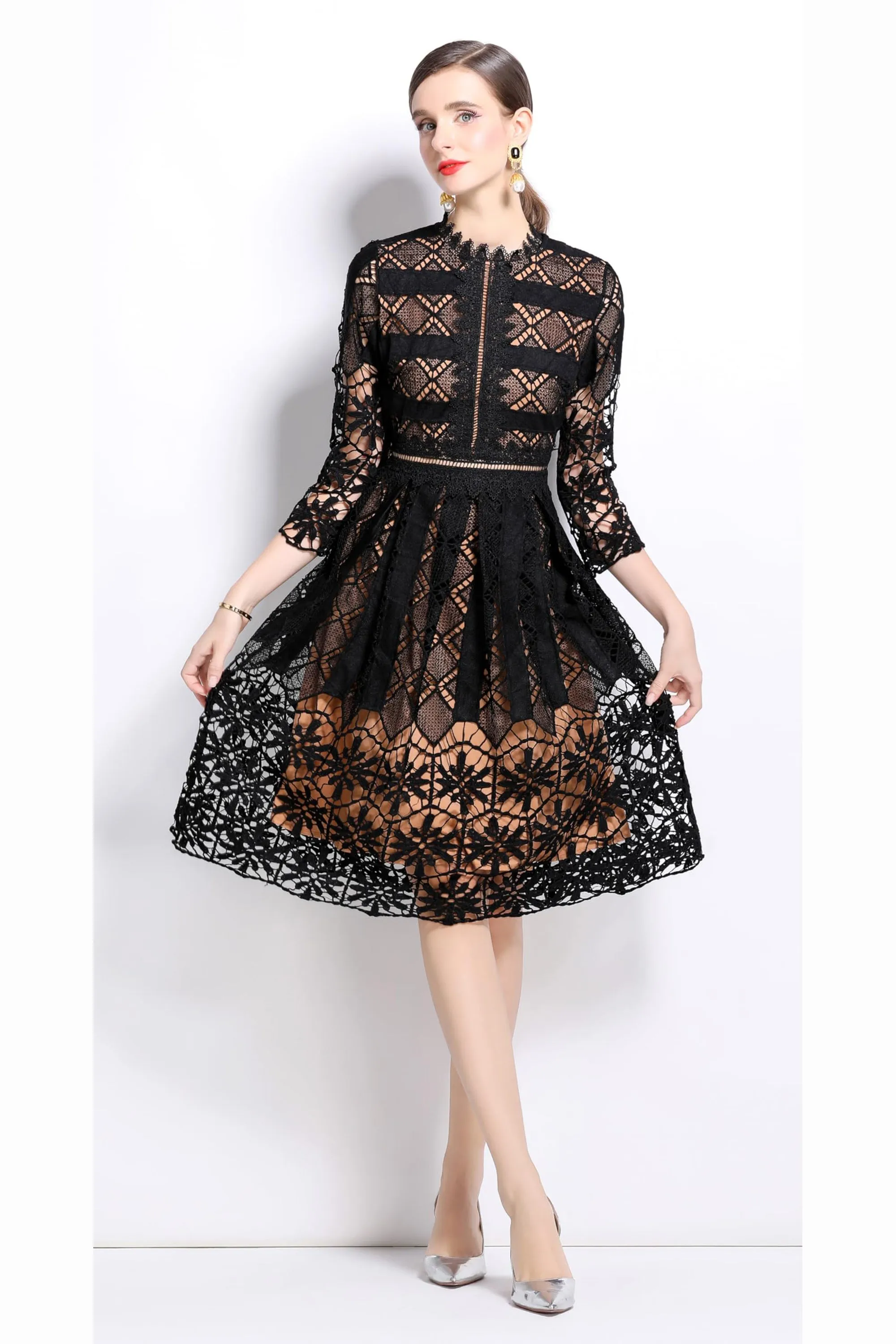 Womens 2/3 Sleeve Wedding Midi Dress
