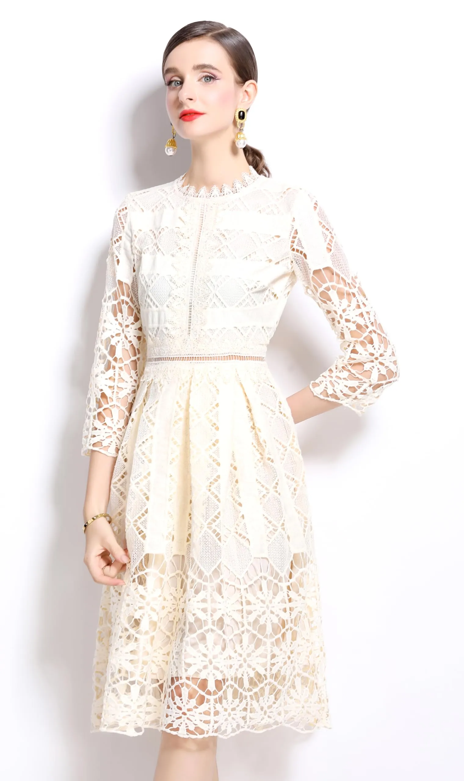 Womens 2/3 Sleeve Wedding Midi Dress