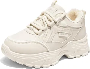 Womens Leather Lace Up Chunky Sneakers with Fur Lined Casual Non-Slip Platform Shock Absorbing Heighten Fashion Winter Warm Walking Workout Dad Shoes