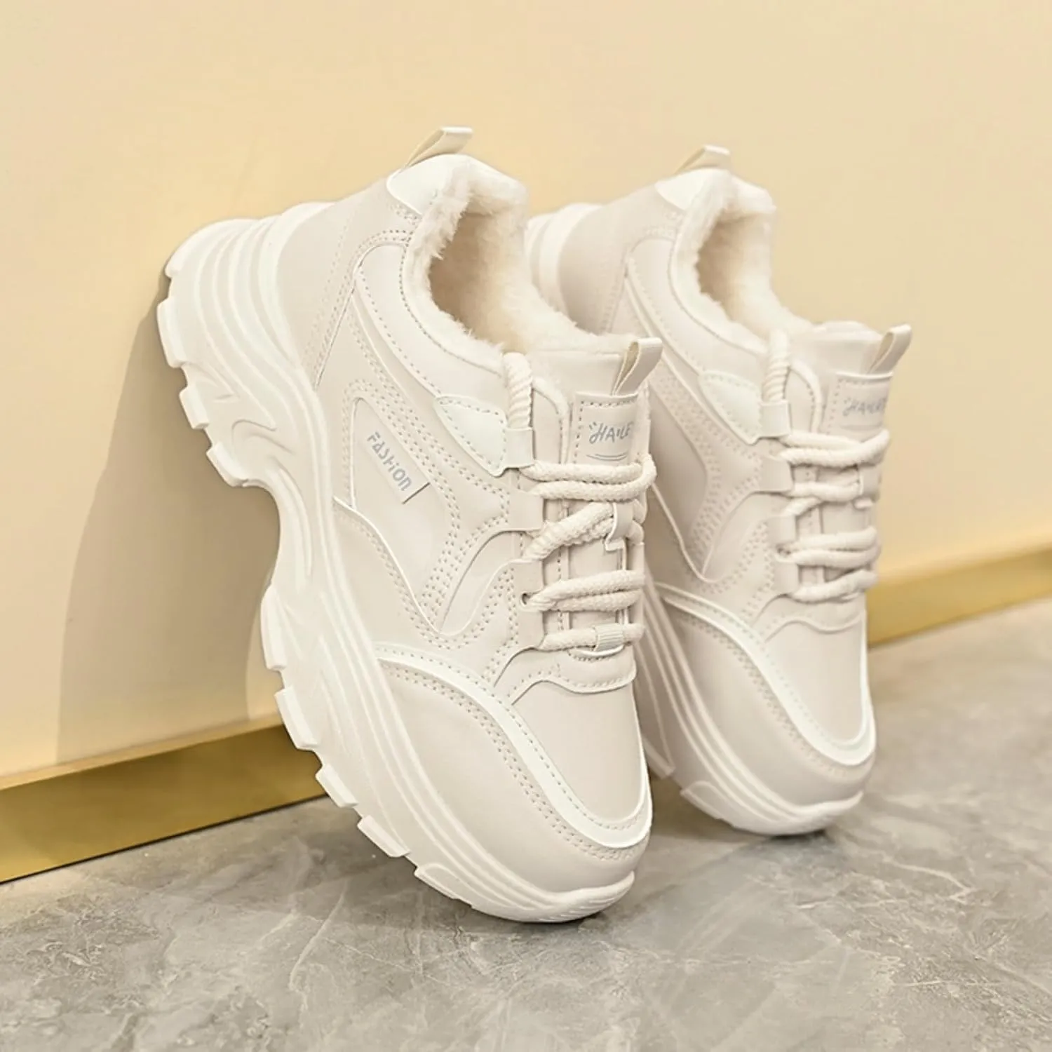 Womens Leather Lace Up Chunky Sneakers with Fur Lined Casual Non-Slip Platform Shock Absorbing Heighten Fashion Winter Warm Walking Workout Dad Shoes
