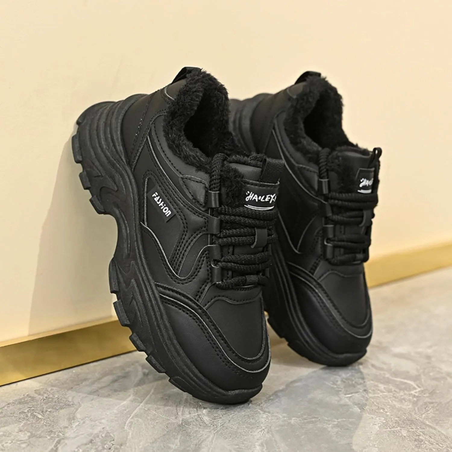 Womens Leather Lace Up Chunky Sneakers with Fur Lined Casual Non-Slip Platform Shock Absorbing Heighten Fashion Winter Warm Walking Workout Dad Shoes