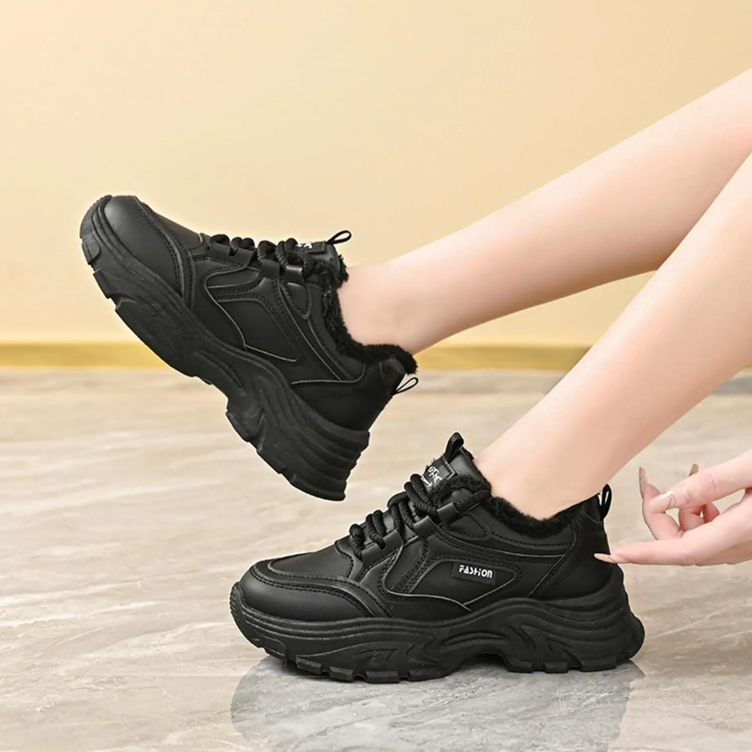Womens Leather Lace Up Chunky Sneakers with Fur Lined Casual Non-Slip Platform Shock Absorbing Heighten Fashion Winter Warm Walking Workout Dad Shoes