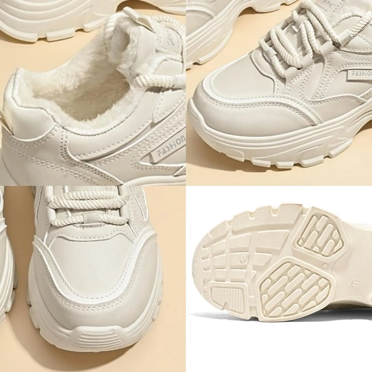 Womens Leather Lace Up Chunky Sneakers with Fur Lined Casual Non-Slip Platform Shock Absorbing Heighten Fashion Winter Warm Walking Workout Dad Shoes