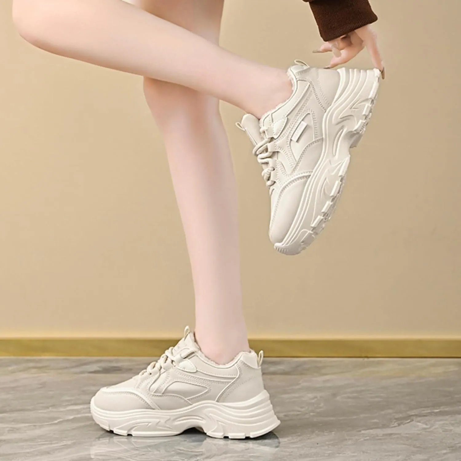 Womens Leather Lace Up Chunky Sneakers with Fur Lined Casual Non-Slip Platform Shock Absorbing Heighten Fashion Winter Warm Walking Workout Dad Shoes