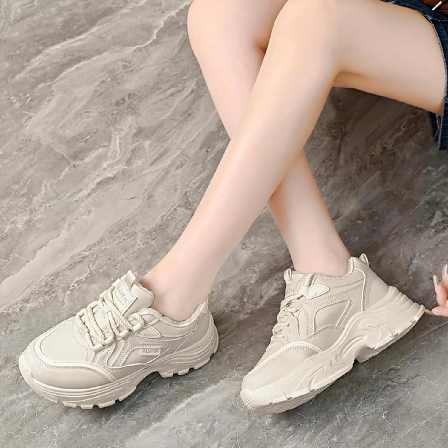 Womens Leather Lace Up Chunky Sneakers with Fur Lined Casual Non-Slip Platform Shock Absorbing Heighten Fashion Winter Warm Walking Workout Dad Shoes
