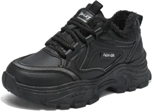 Womens Leather Lace Up Chunky Sneakers with Fur Lined Casual Non-Slip Platform Shock Absorbing Heighten Fashion Winter Warm Walking Workout Dad Shoes