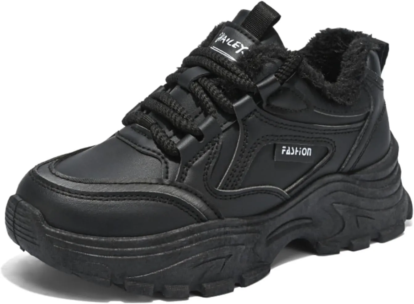 Womens Leather Lace Up Chunky Sneakers with Fur Lined Casual Non-Slip Platform Shock Absorbing Heighten Fashion Winter Warm Walking Workout Dad Shoes