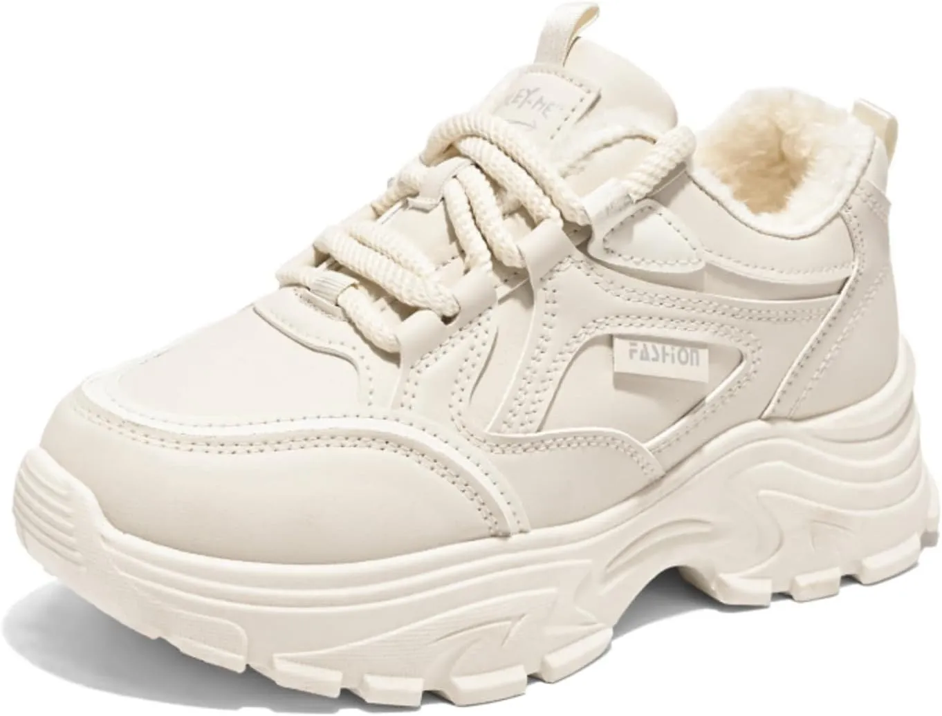 Womens Leather Lace Up Chunky Sneakers with Fur Lined Casual Non-Slip Platform Shock Absorbing Heighten Fashion Winter Warm Walking Workout Dad Shoes