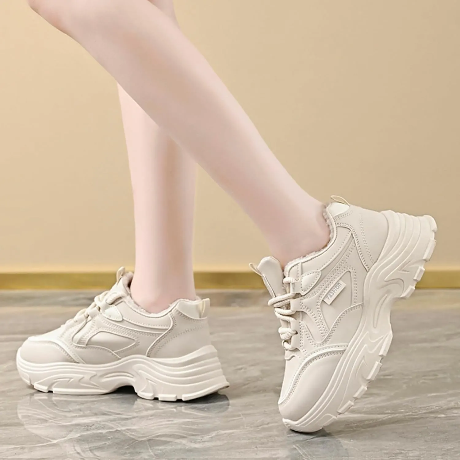 Womens Leather Lace Up Chunky Sneakers with Fur Lined Casual Non-Slip Platform Shock Absorbing Heighten Fashion Winter Warm Walking Workout Dad Shoes